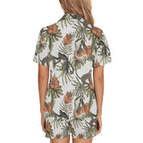 Monkey red hibiscus flower palm leaves floral patt Women's V-Neck Short Pajama Set