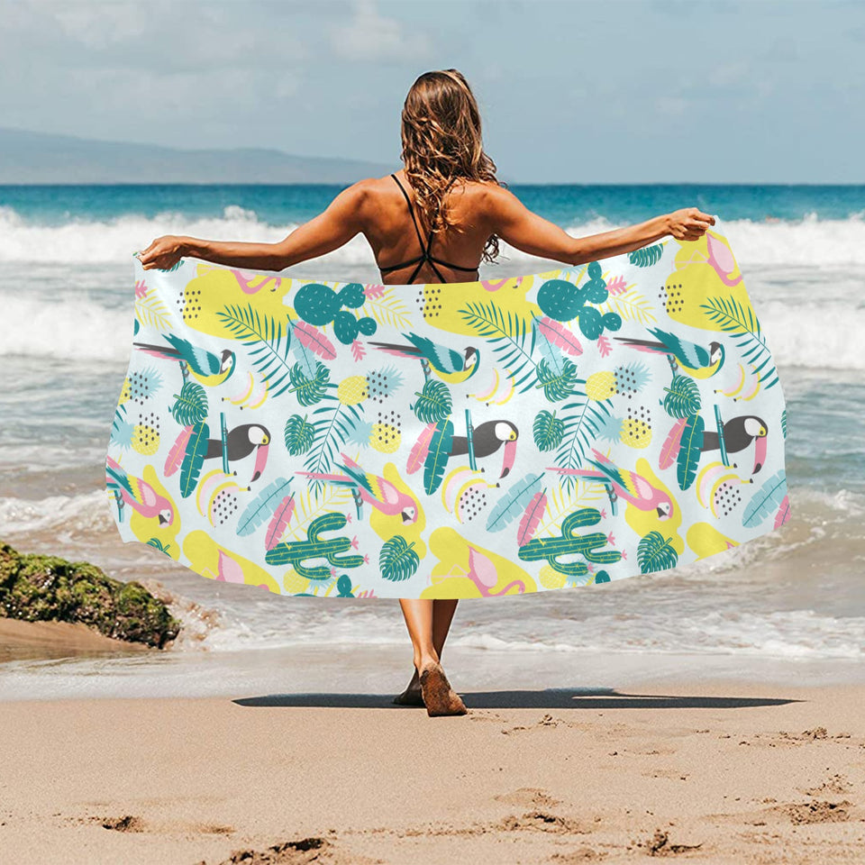 Cute parrot toucan flamingo cactus exotic leaves p Beach Towel