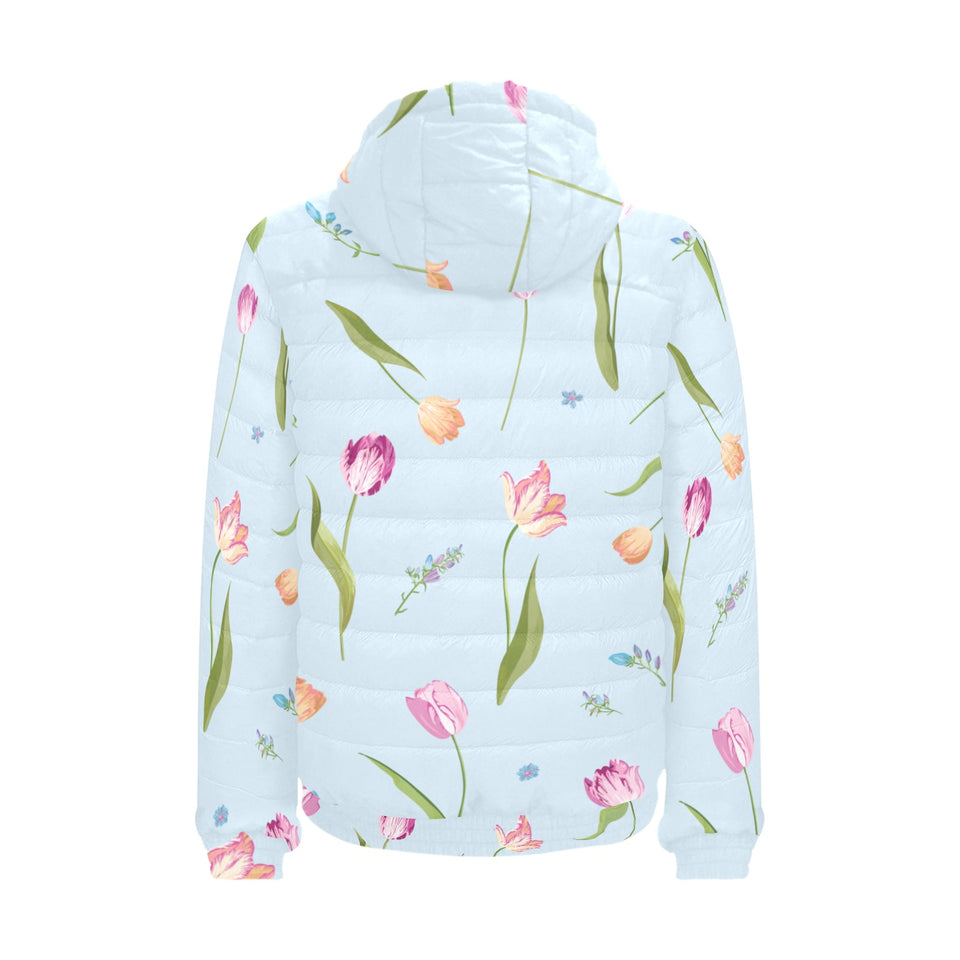Watercolor Tulips pattern Men's Padded Hooded Jacket