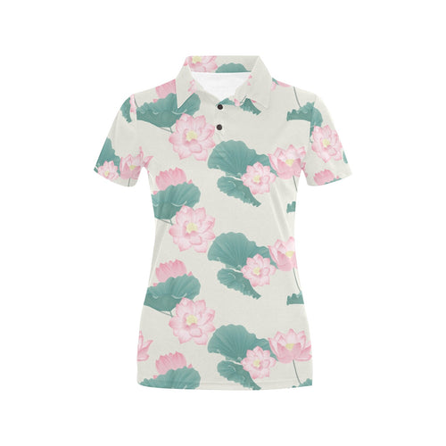Pink lotus waterlily leaves pattern Women's All Over Print Polo Shirt