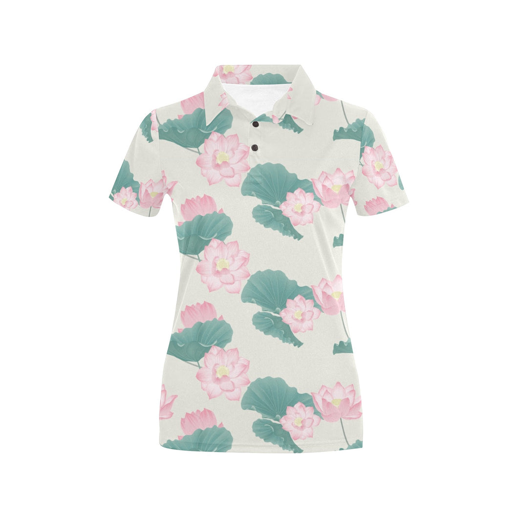 Pink lotus waterlily leaves pattern Women's All Over Print Polo Shirt