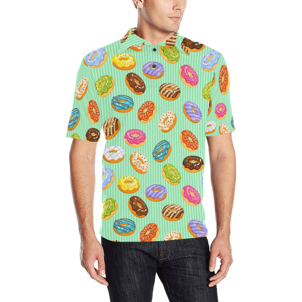 Colorful donut pattern green background Men's All Over Print Polo Shirt