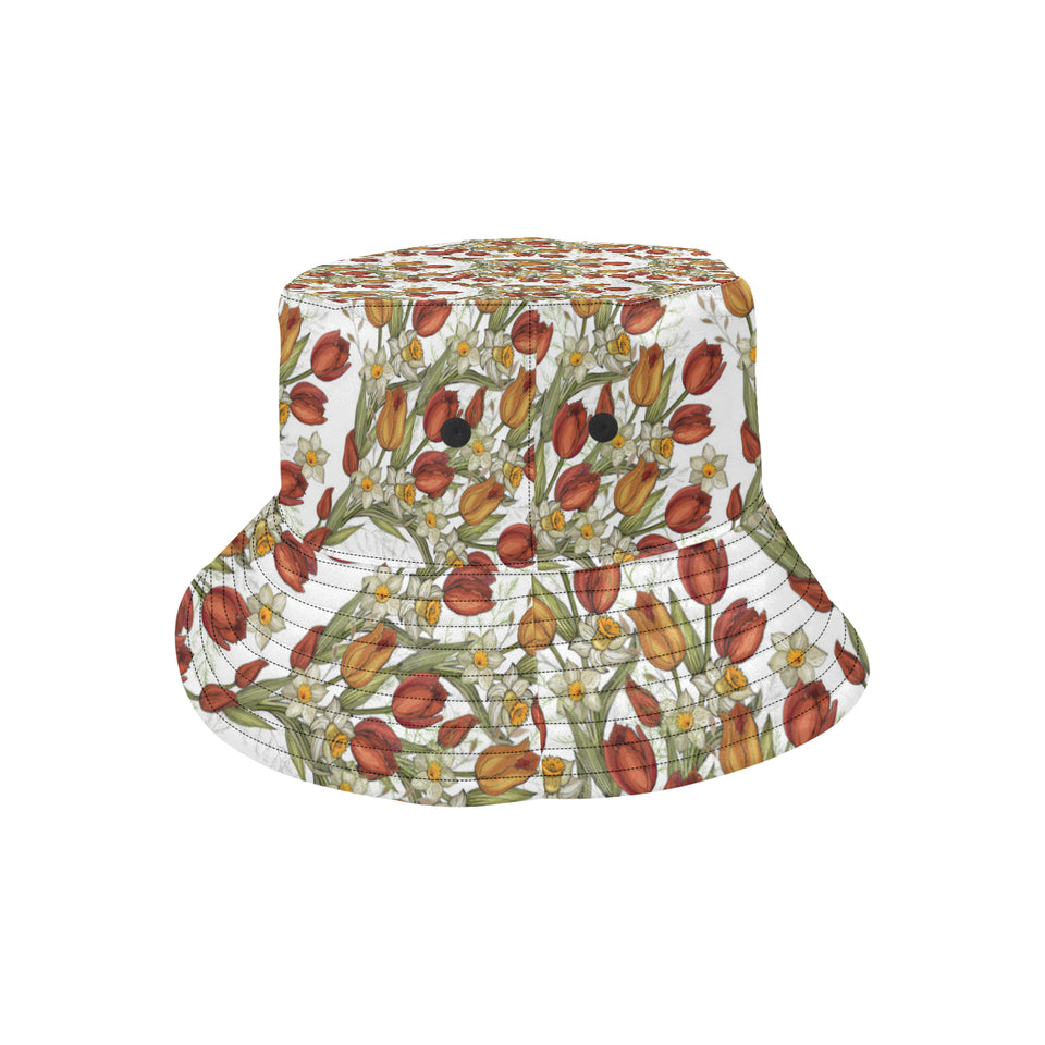 Red tulips and daffodils pattern Unisex Bucket Hat