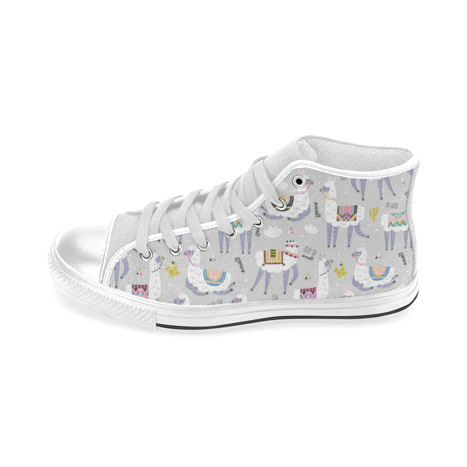 Cute Llama Alpaca pattern Men's High Top Canvas Shoes White