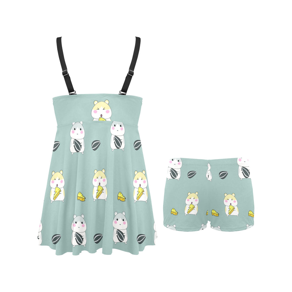 Cute hamster cheese pattern Chest Sexy Pleated Two Piece Swim Dress