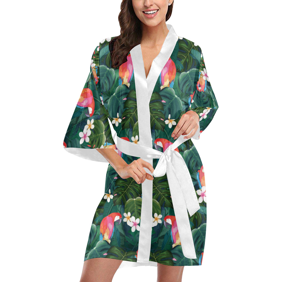 Parrot Palm tree leaves flower hibiscus pattern Women's Short Kimono Robe