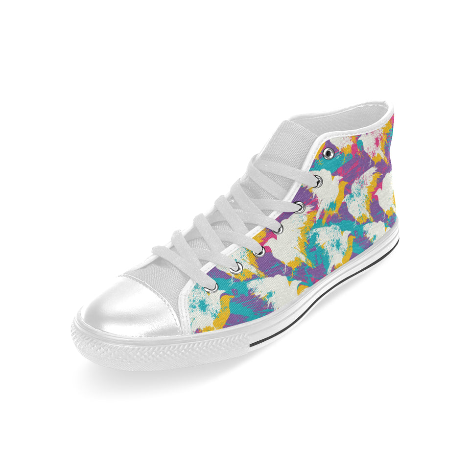Colorful crow illustration pattern Men's High Top Canvas Shoes White