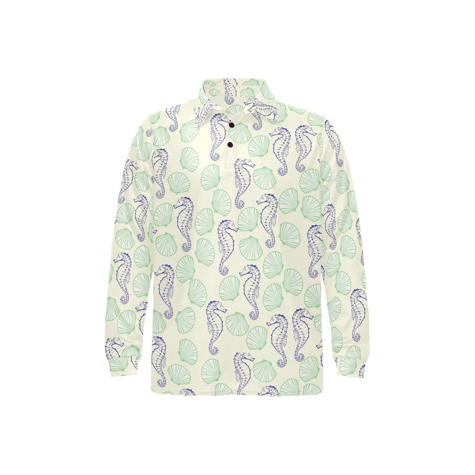 Seahorse shell pattern Men's Long Sleeve Polo Shirt