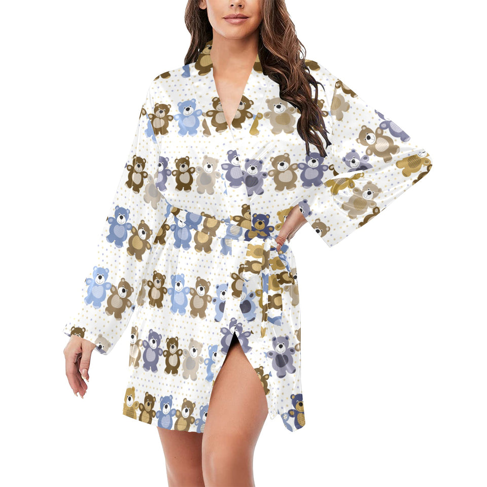 Teddy Bear Pattern Print Design 02 Women's Long Sleeve Belted Night Robe