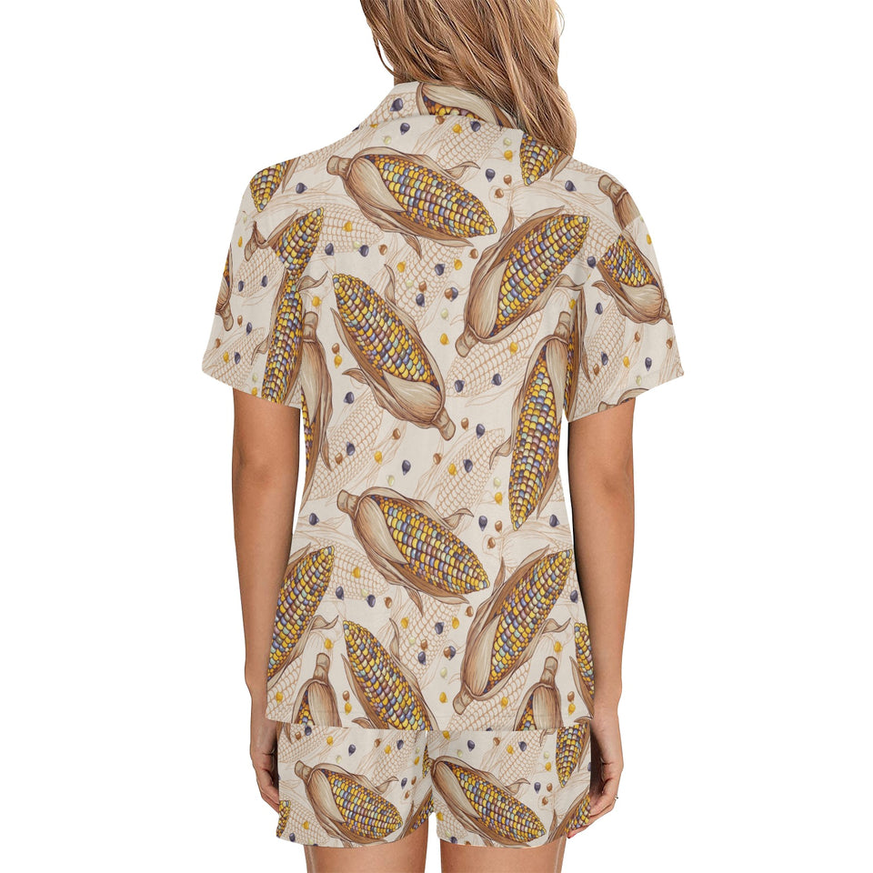 Corn Pattern Print Design 03 Women's V-Neck Short Pajama Set