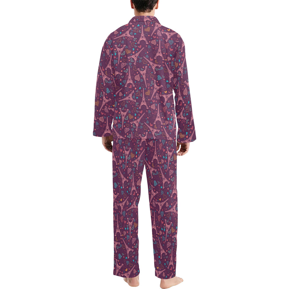 Eiffel Tower Heart Pattern Print Design 04 Men's Long Pajama Set