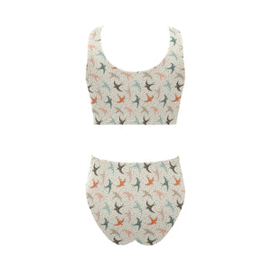 Swallow Pattern Print Design 02 Chest Bowknot High Waisted Bikini Swimsuit