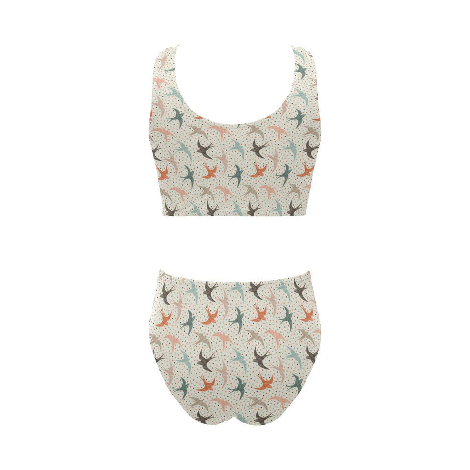 Swallow Pattern Print Design 02 Chest Bowknot High Waisted Bikini Swimsuit