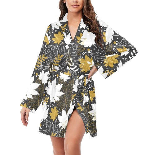 Beautiful gold autumn maple leaf pattern Women's Long Sleeve Belted Night Robe