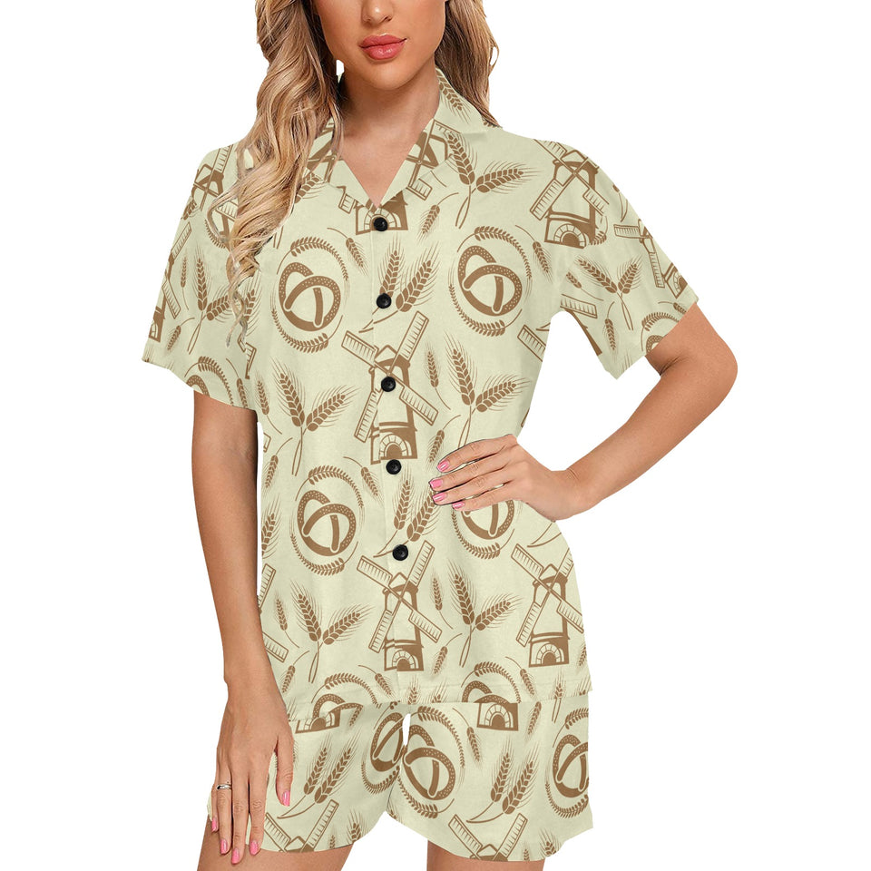 Windmill Wheat pattern Women's V-Neck Short Pajama Set