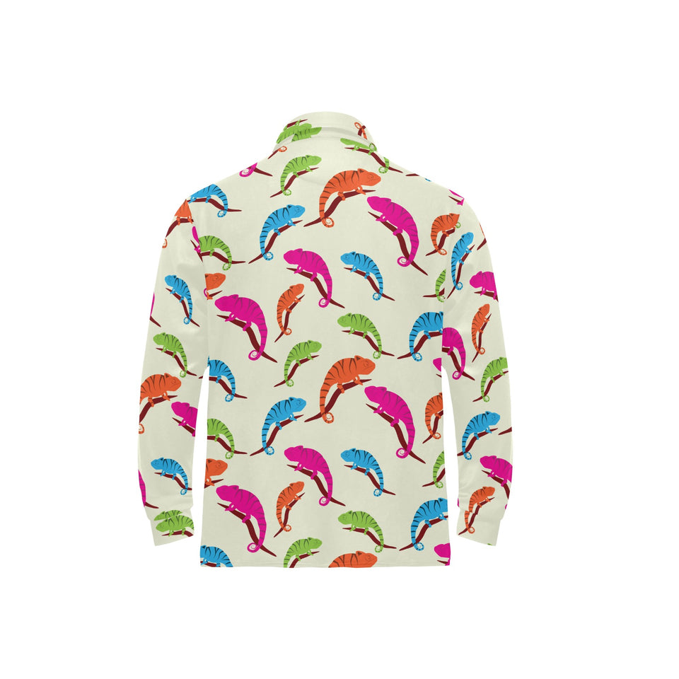 Colorful Chameleon lizard pattern Men's Long Sleeve Polo Shirt