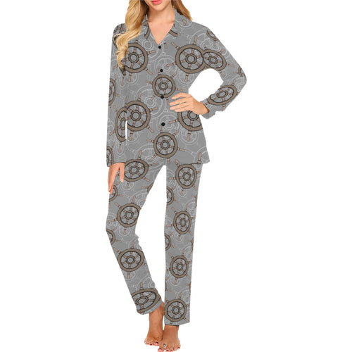 nautical wood steering wheel pattern Women's Long Pajama Set