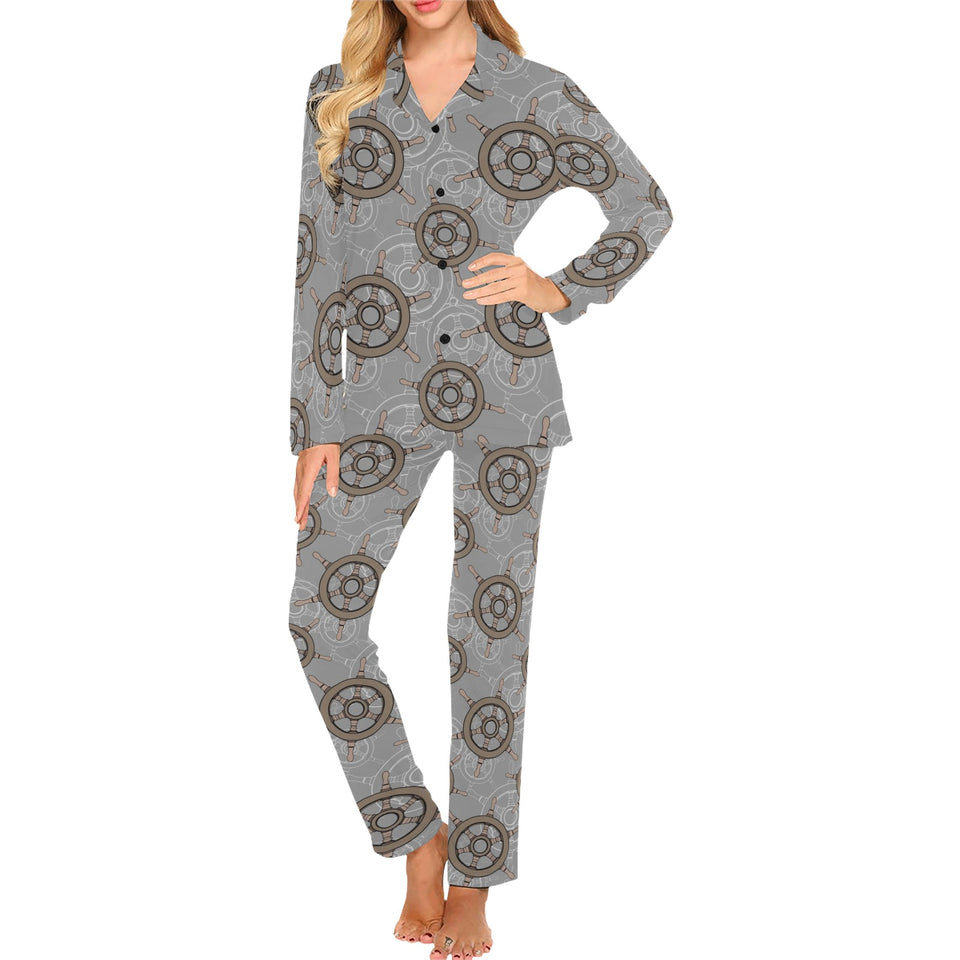 nautical wood steering wheel pattern Women's Long Pajama Set