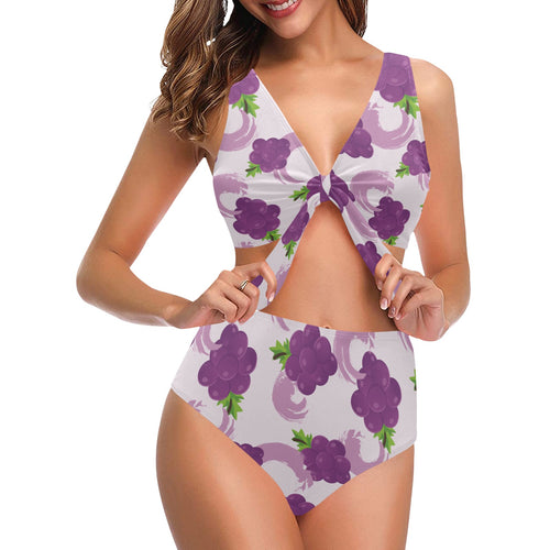 Cute Grape pattern Chest Bowknot High Waisted Bikini Swimsuit