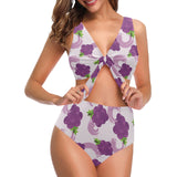 Cute Grape pattern Chest Bowknot High Waisted Bikini Swimsuit