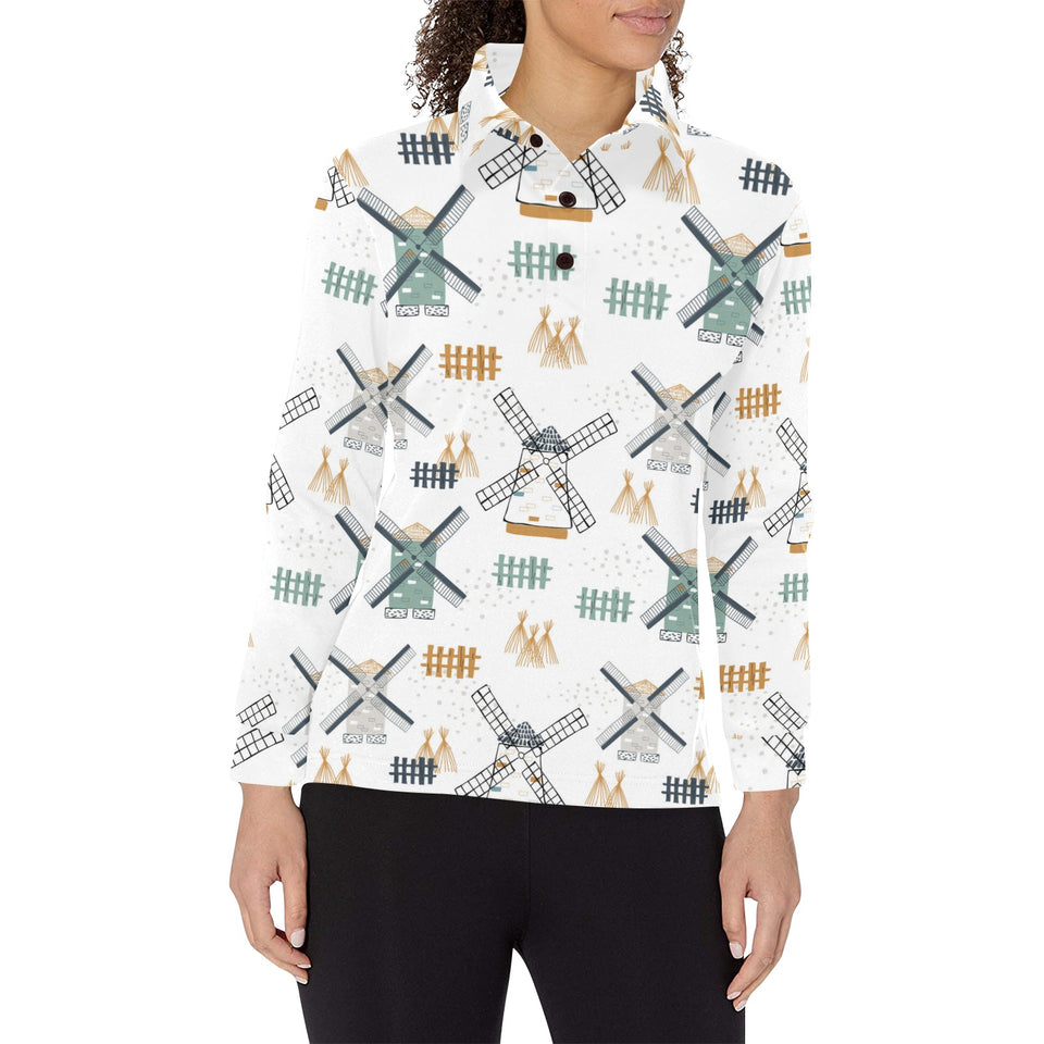 windmill pattern Women's Long Sleeve Polo Shirt