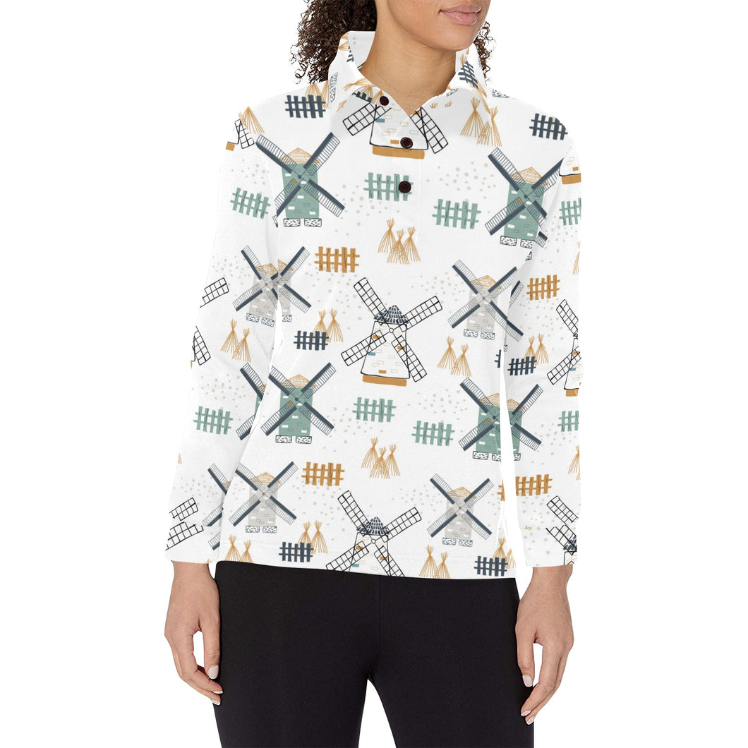 windmill pattern Women's Long Sleeve Polo Shirt