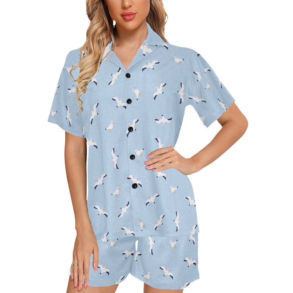 Seagull Pattern Print Design 02 Women's V-Neck Short Pajama Set
