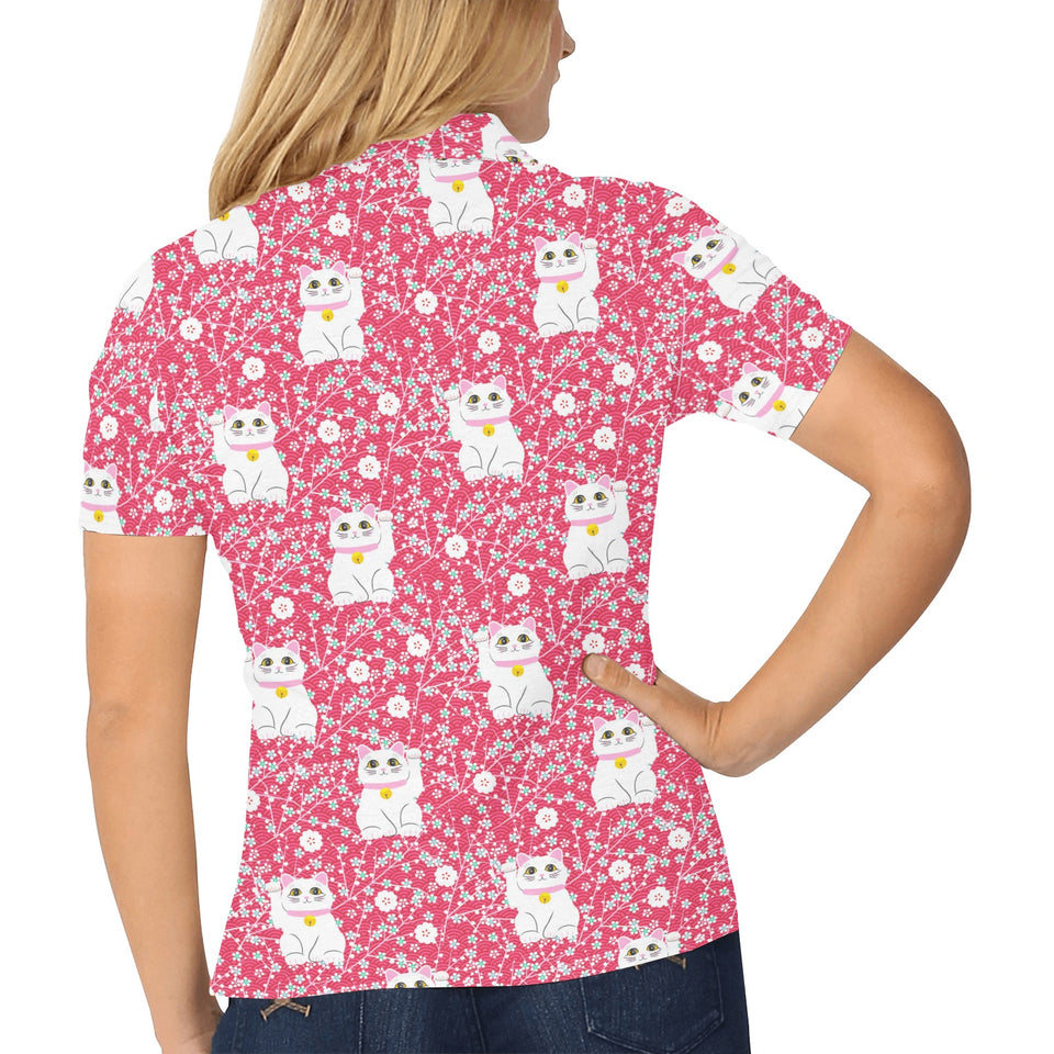 Maneki neko cat sakura pink background Women's All Over Print Polo Shirt