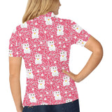 Maneki neko cat sakura pink background Women's All Over Print Polo Shirt