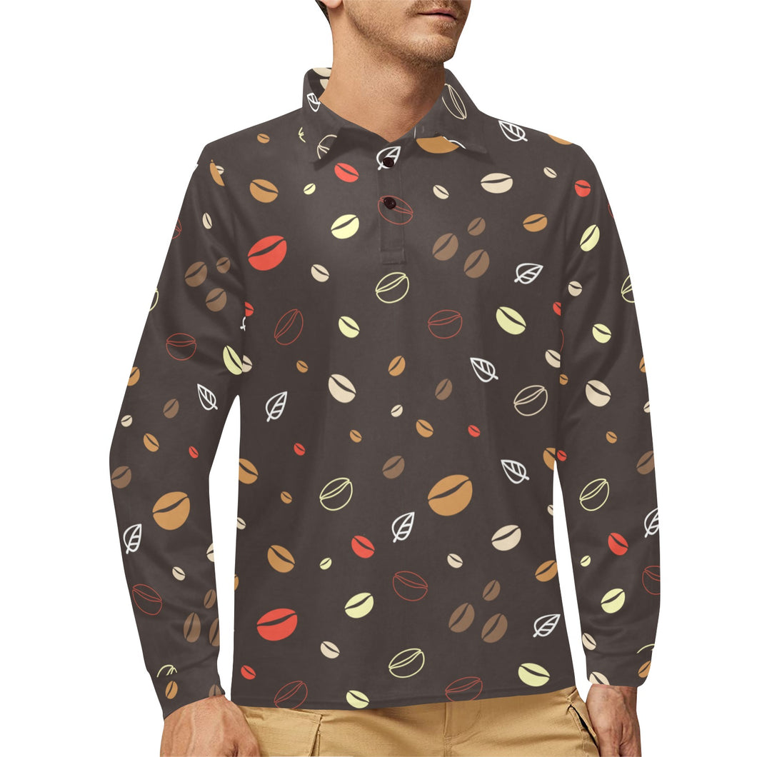 Coffee bean leave pattern Men's Long Sleeve Polo Shirt