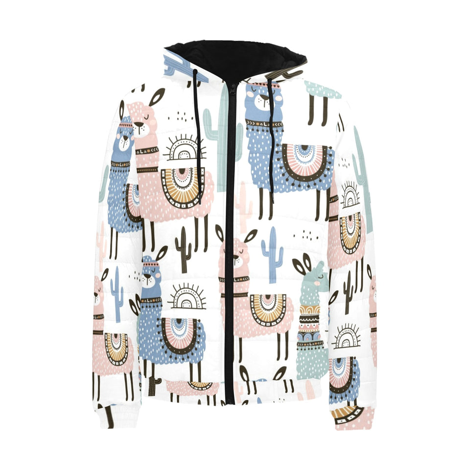 lama Alpaca cactus hand drawn pattern Men's Padded Hooded Jacket