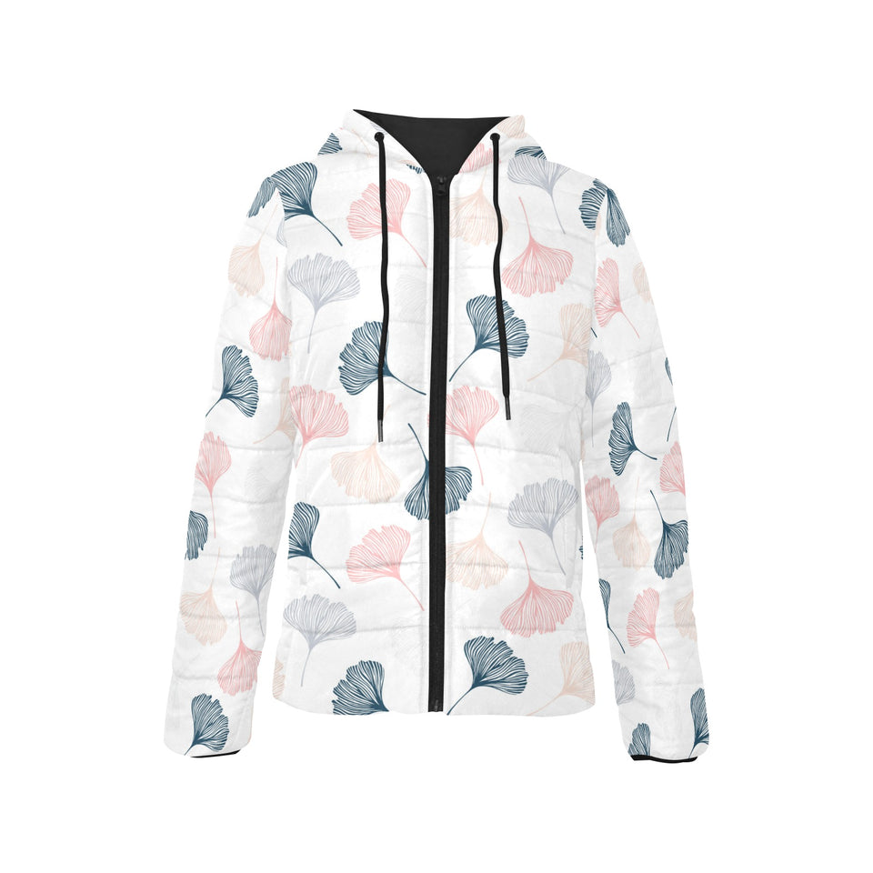 Black Gray Cream coral ginkgo leaves pattern Women's Padded Hooded Jacket