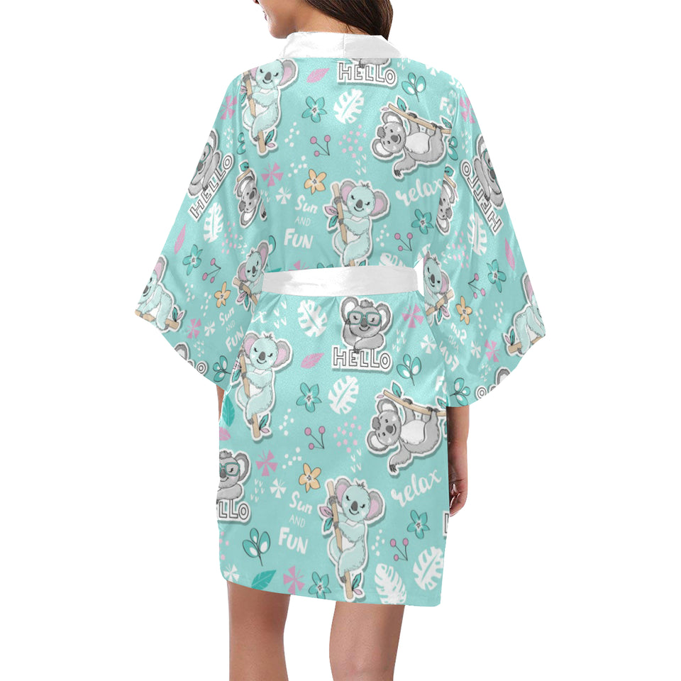 Cute koalas blue background pattern Women's Short Kimono Robe