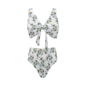 Peacock feather pattern Chest Bowknot High Waisted Bikini Swimsuit