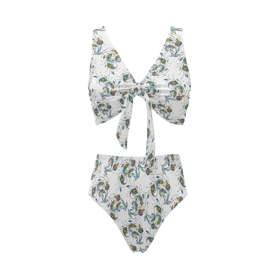 Peacock feather pattern Chest Bowknot High Waisted Bikini Swimsuit