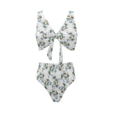 Peacock feather pattern Chest Bowknot High Waisted Bikini Swimsuit