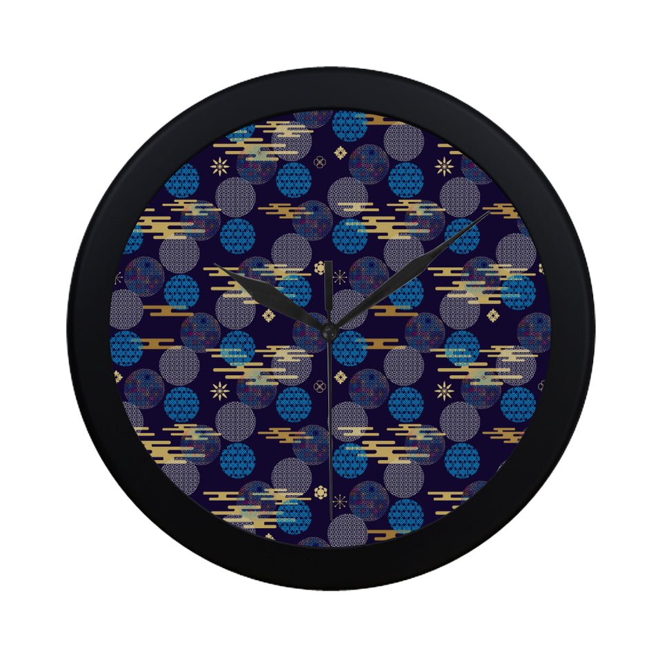 Blue japanese pattern cloud wave flower Elegant Black Wall Clock