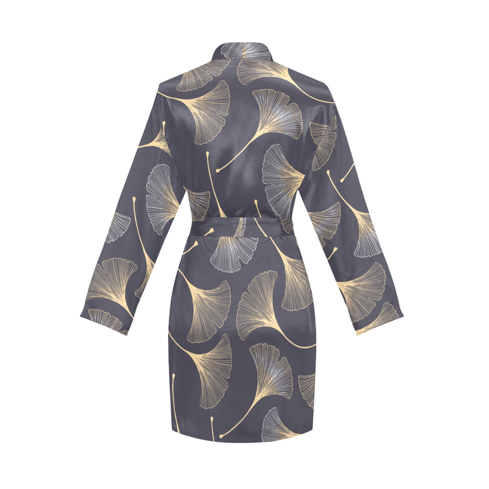 Gold ginkgo leaves Women's Long Sleeve Belted Night Robe