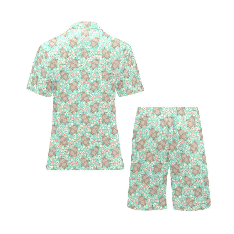Hippopotamus Pattern Print Design 02 Men's V-Neck Short Pajama Set