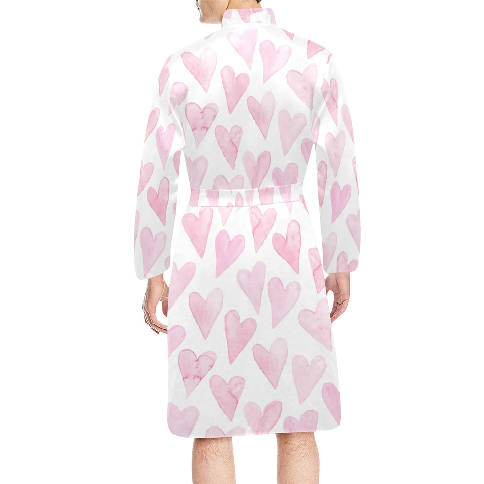 Watercolor pink heart pattern Men's Long Sleeve Belted Night Robe