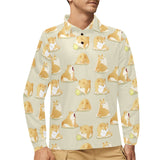 Cute fat shiba inu dog pattern Men's Long Sleeve Polo Shirt