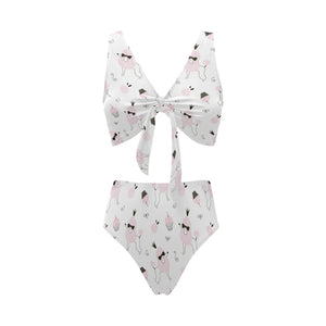 Poodle dog rose cake pattern Chest Bowknot High Waisted Bikini Swimsuit