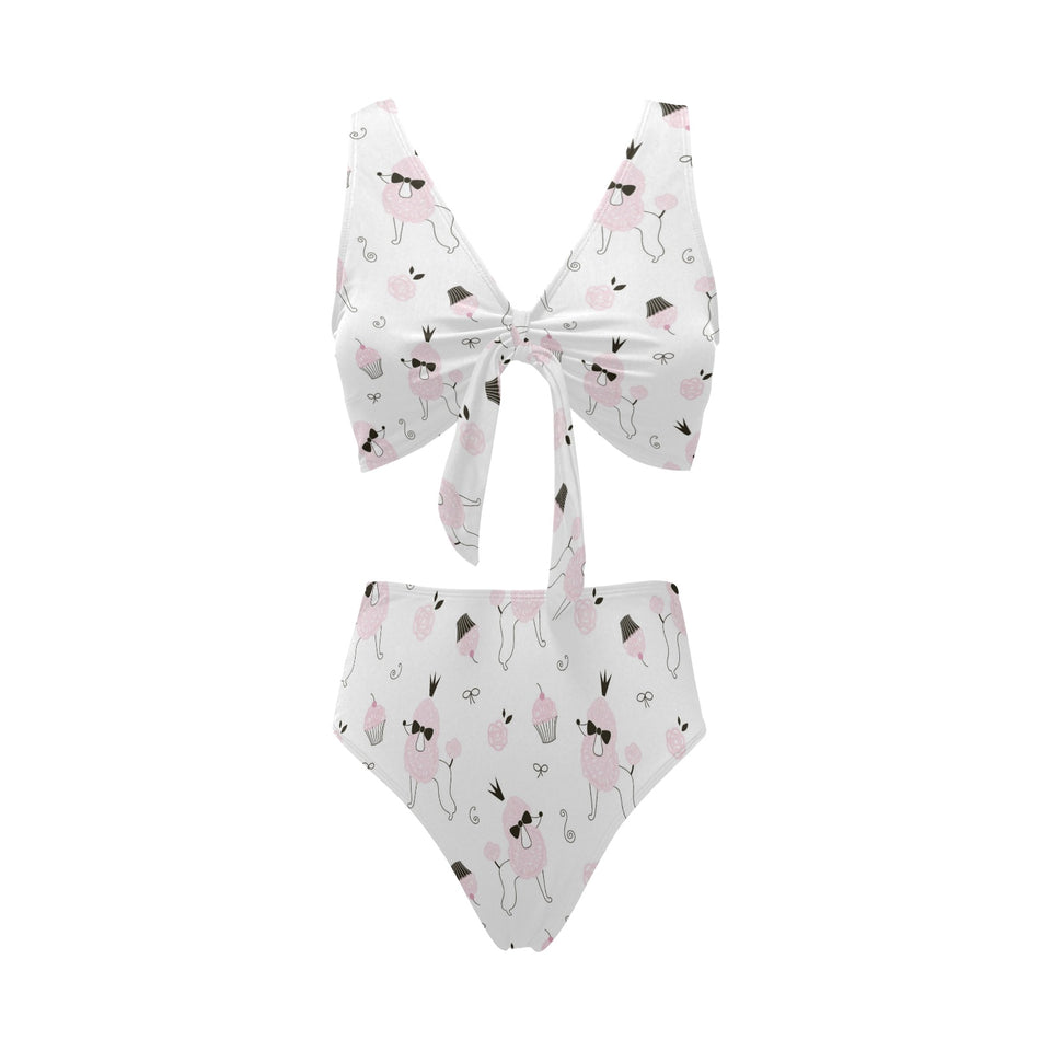 Poodle dog rose cake pattern Chest Bowknot High Waisted Bikini Swimsuit