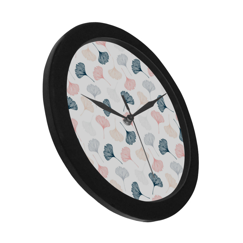 Black Gray Cream coral ginkgo leaves pattern Elegant Black Wall Clock