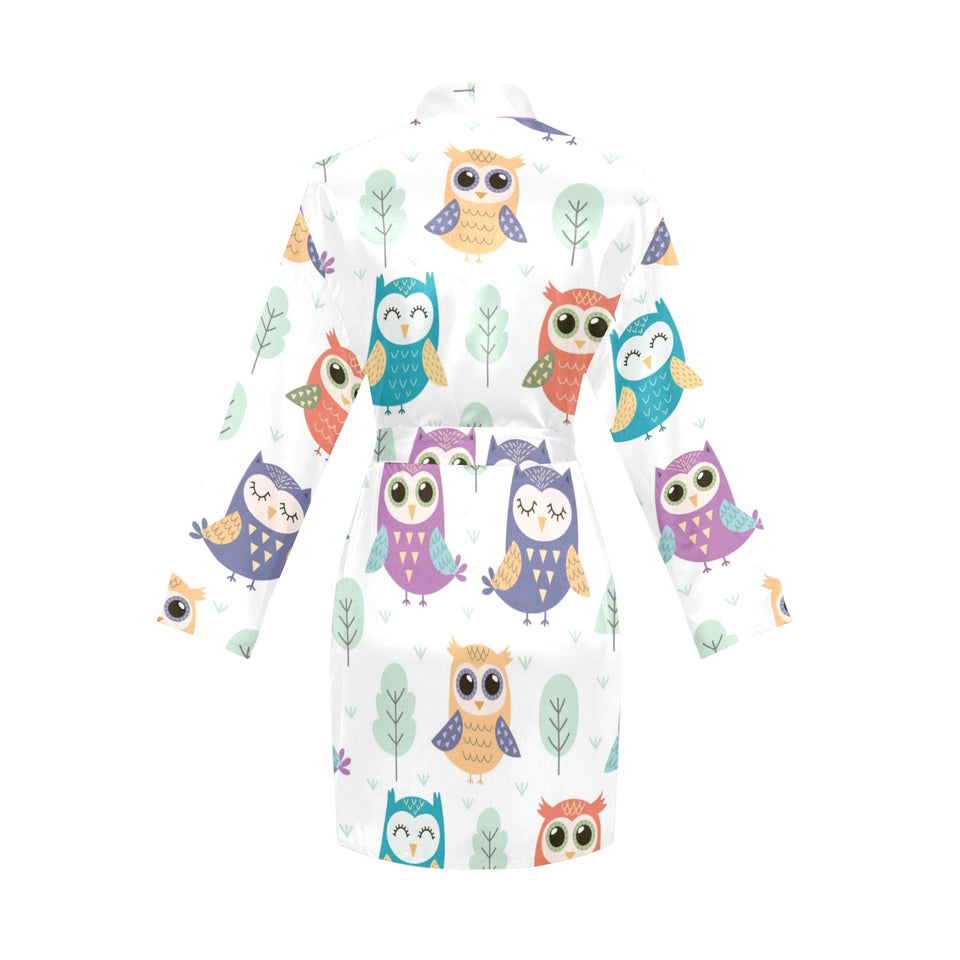 Cute owl pattern Women's Long Sleeve Belted Night Robe