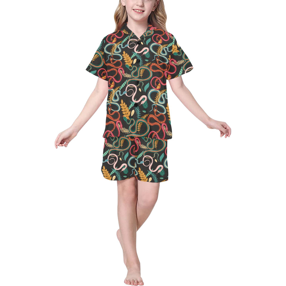 Colorful snake plant pattern Kids' Boys' Girls' V-Neck Short Pajama Set