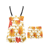 Maple leaf oak leaf acorns beige striped backgroun Chest Sexy Pleated Two Piece Swim Dress