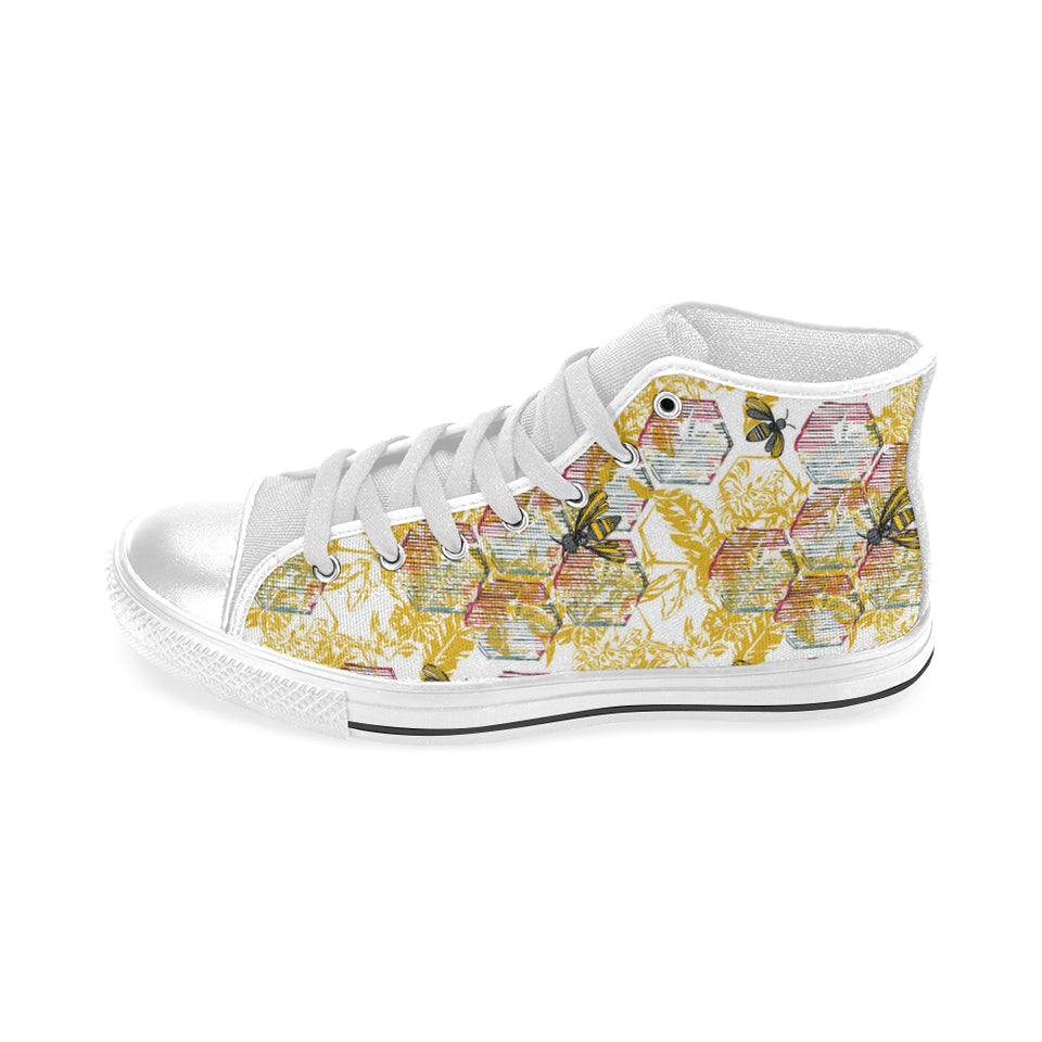 Cool Bee honeycomb leaves pattern Men's High Top Canvas Shoes White