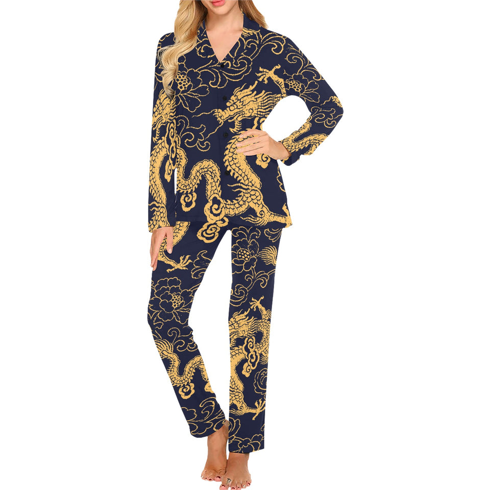 Gold dragon pattern Women's Long Pajama Set