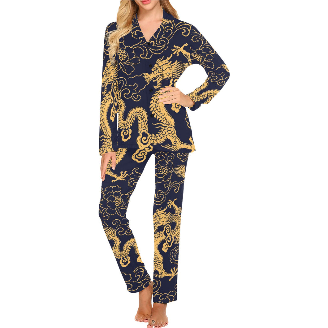 Gold dragon pattern Women's Long Pajama Set